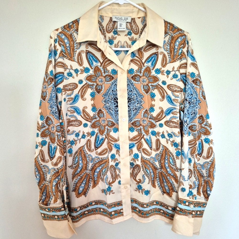 Rachel Zoe Women’s Beige Blue Paisley Floral Button-Down Blouse – Size S